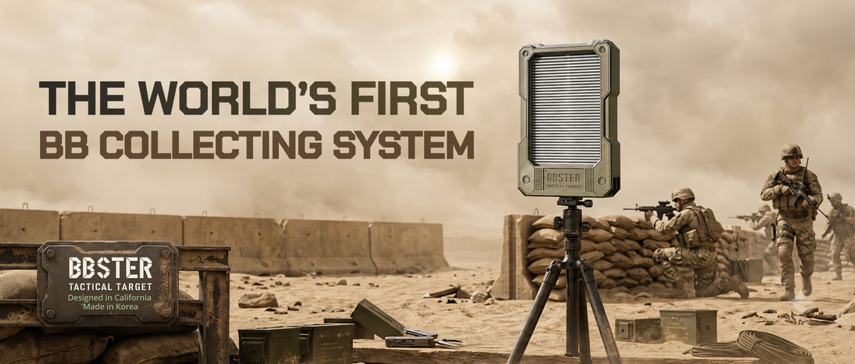 The world’s first BB collecting system. BBSTER on a tripod at an outdoor range. Designed in California, made in Korea.