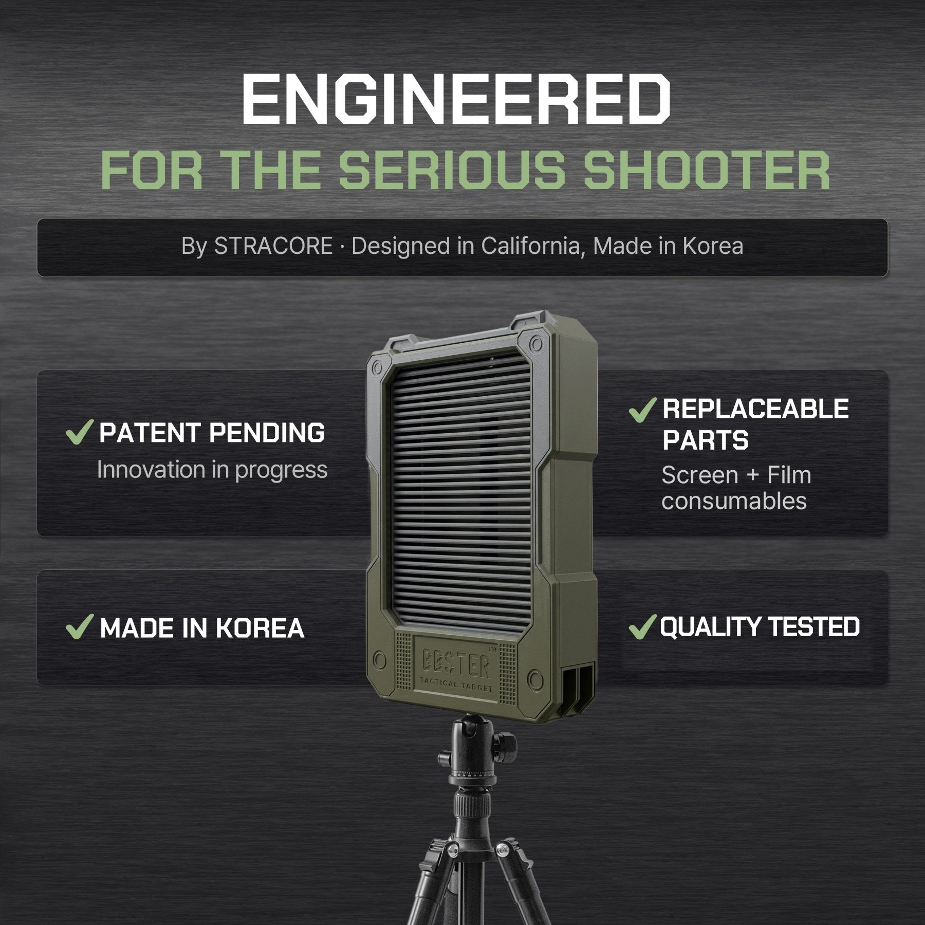 Engineered for the serious shooter by Stracore: Patent Pending(USA EU KOREA JAPAN CHINA), replaceable screen and film, made in Korea, quality tested.
